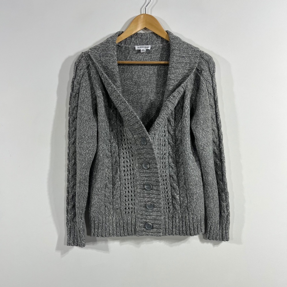 St Johns Bay Fisherman Cable Knit Shawl Collar Cardigan Sweater Womens LP Preppy
